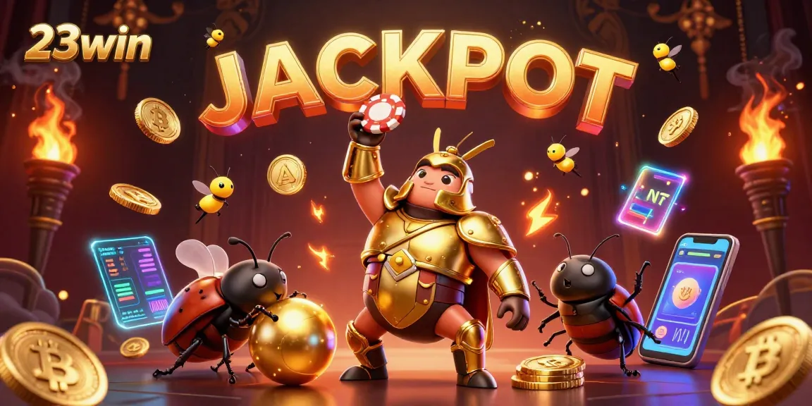 Experience the thrilling 23win jackpot as a heroic beetle triumphs with poker chips amidst vibrant casino elements.