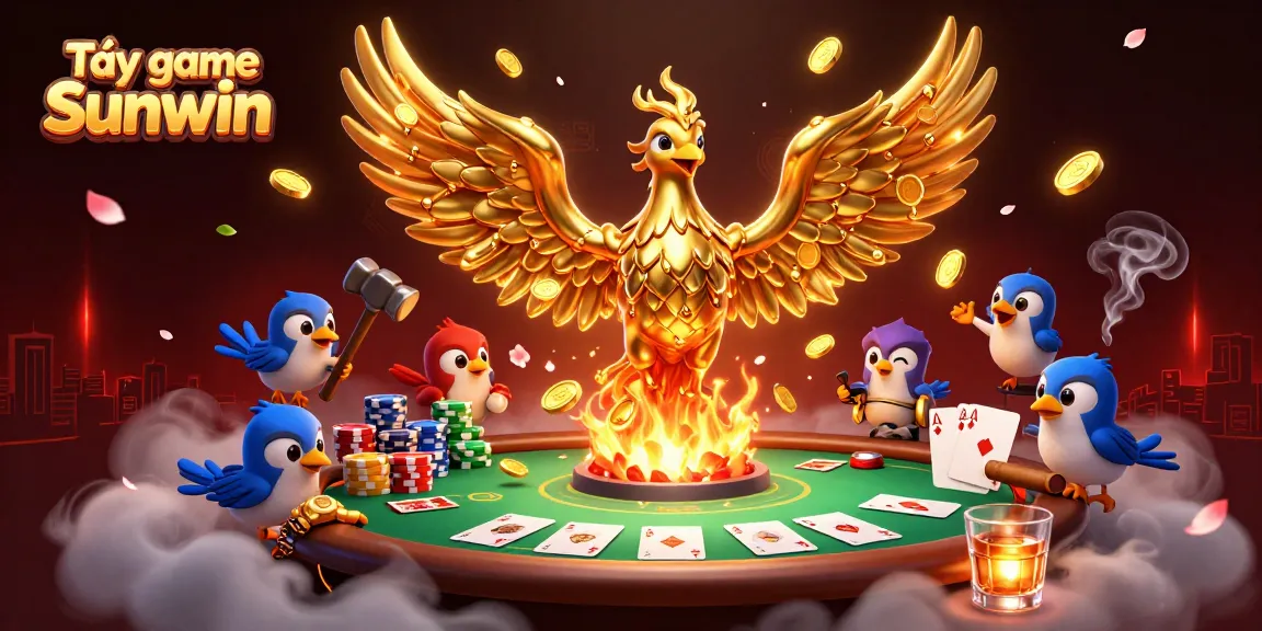 Tải game Sunwin showcases an enchanting scene with a golden phoenix, poker elements, and vibrant casino energy.
