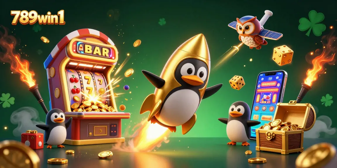 Experience the excitement at 789win1 as a golden penguin rockets toward a jackpot casino!