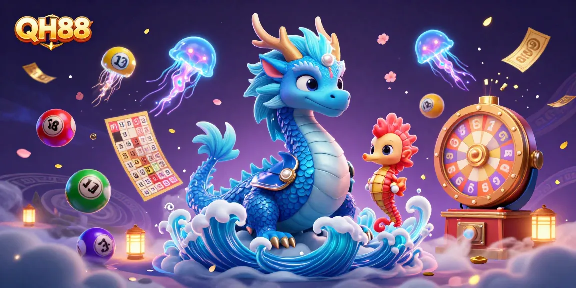 Experience excitement with QH88's vibrant gaming scene featuring a water dragon, seahorse knight, and lottery elements.