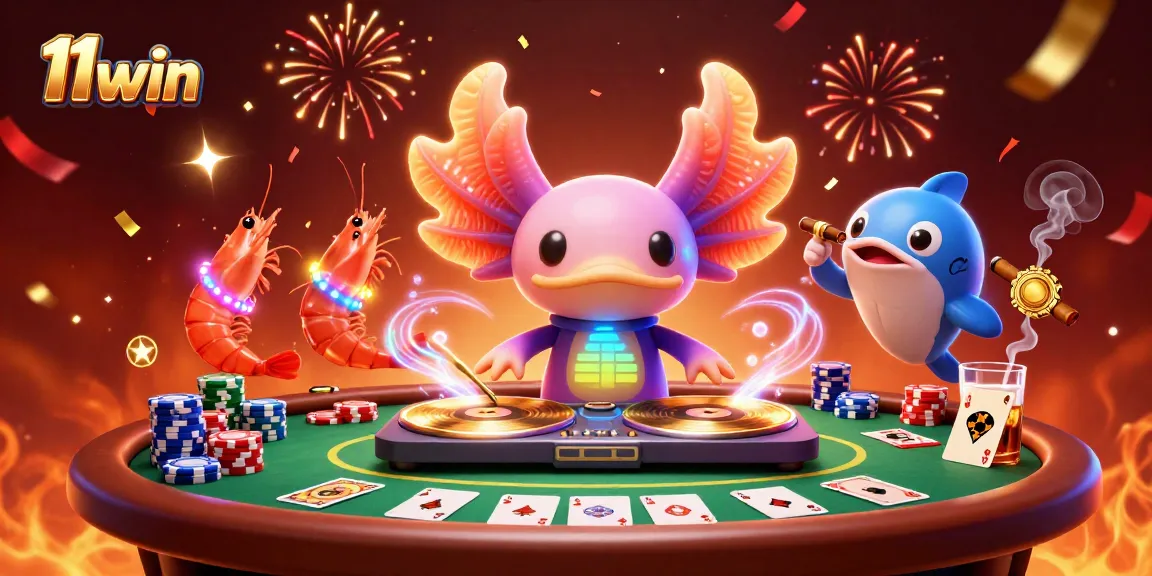Experience 11win's vibrant casino magic with axolotl DJ and poker chips dancing in style.